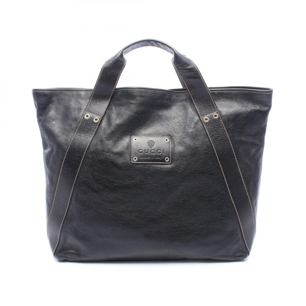Gucci Logo Plaque Leather Tote Bag Black